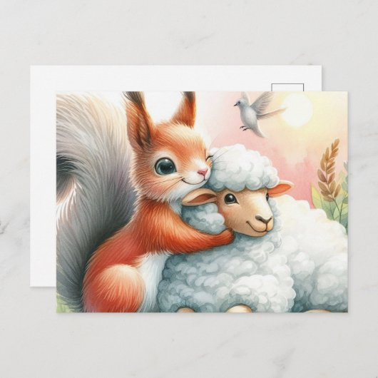 Schattigee eekhoorn knuffelt een schaap briefkaart (Voorkant / Achterkant)