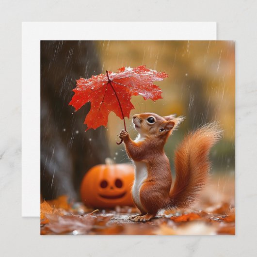 Schattigee Eekhoorn met een Bladparaplu - Herfstre Feestdagenkaart (Voorkant / Achterkant)