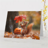 Schattigee Eekhoorn met een Bladparaplu - Herfstre Kaart (Gele Bloem)