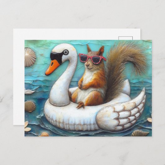 Schattigee Eekhoorn op een Swan Floatie Briefkaart (Voorkant / Achterkant)