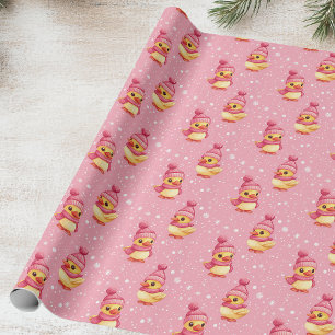 Schattigee eend in roze en sneeuwvlok cadeaupapier
