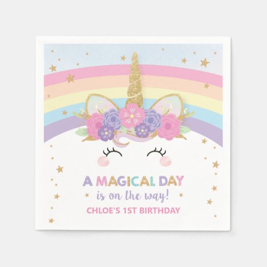 Schattigee Eenhoorn 1e Verjaardagsfeest Rainbow Se Servet (Voorkant)