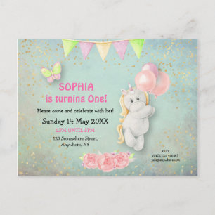 Schattigee eenhoorn / ballonnen eerste verjaardag  briefkaart