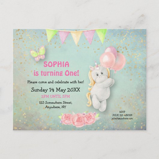 Schattigee eenhoorn / ballonnen eerste verjaardag briefkaart (Voorkant)