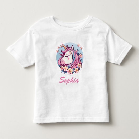 Schattigee Eenhoorn & Bloemen, Personaliseer Naam Kinder Shirts (Voorkant)
