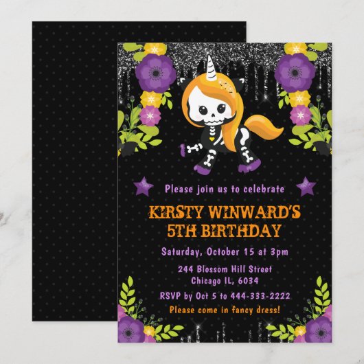 Schattigee eenhoorn bloemige Halloween Verjaardag Kaart (Voorkant / Achterkant)