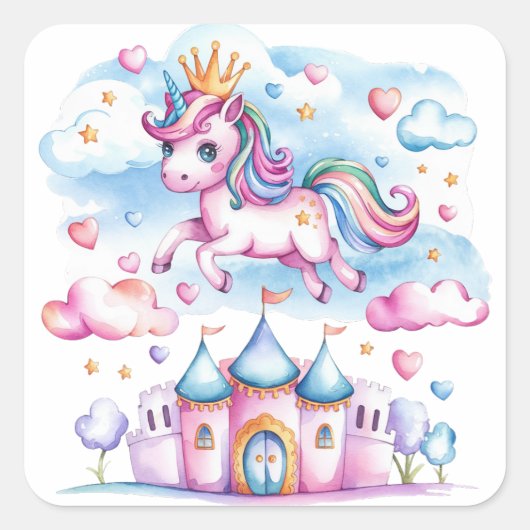 Schattigee Eenhoorn Castle Magical Land Girl Verja Vierkante Sticker (Voorkant)