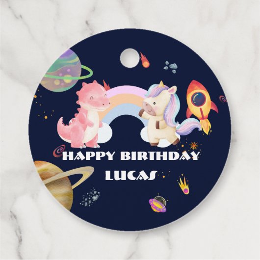 Schattigee eenhoorn dinosaurus Galaxy Rocket verja Bedankjes Labels (Achterkant)