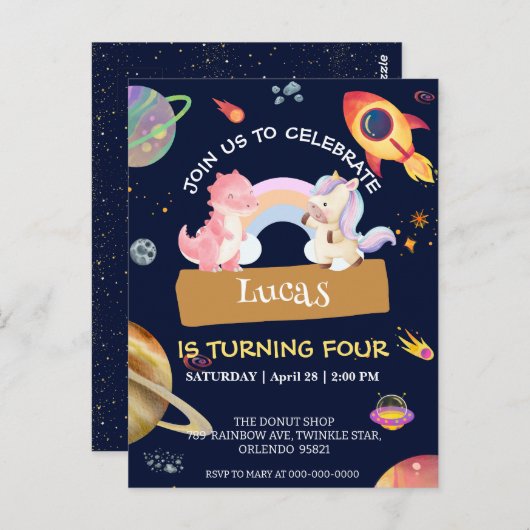 Schattigee eenhoorn dinosaurus Galaxy Rocket verja Briefkaart (Voorkant / Achterkant)