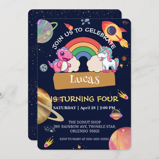 Schattigee eenhoorn dinosaurus regenboog ruimte ve kaart (Voorkant / Achterkant)