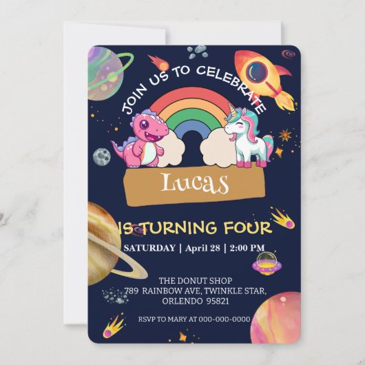 Schattigee eenhoorn dinosaurus regenboog ruimte ve kaart (Voorkant)