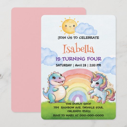 Schattigee eenhoorn Dinosaurus regenboog Sky Verja Kaart (Voorkant / Achterkant)