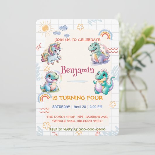 Schattigee eenhoorn Dinosaurus regenboog vrienden  Kaart (Staand voorkant)
