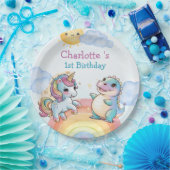 Schattigee eenhoorn Dinosaurus regenboog vrienden Papieren Bordje (Feest)