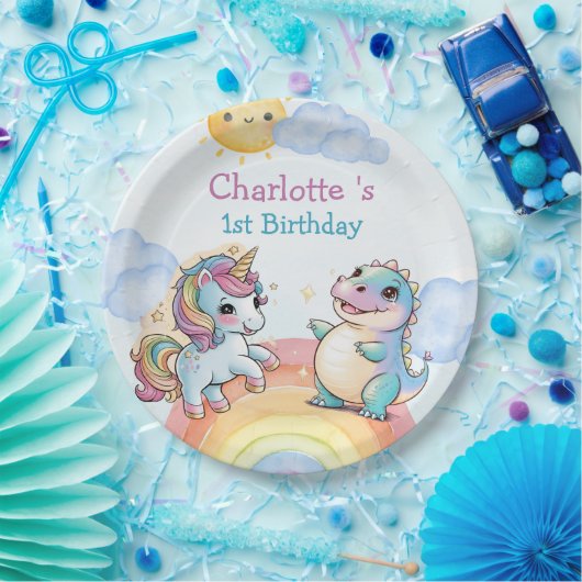 Schattigee eenhoorn Dinosaurus regenboog vrienden  Papieren Bordje (Feest)