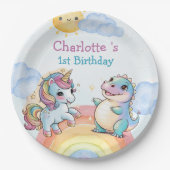 Schattigee eenhoorn Dinosaurus regenboog vrienden Papieren Bordje (Voorkant)