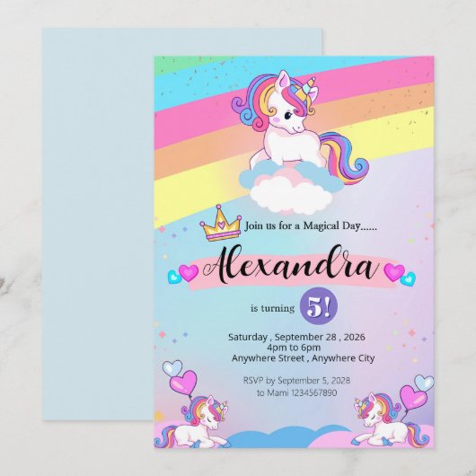 Schattigee eenhoorn en kleurrijke regenboog verjaa kaart (Voorkant / Achterkant)