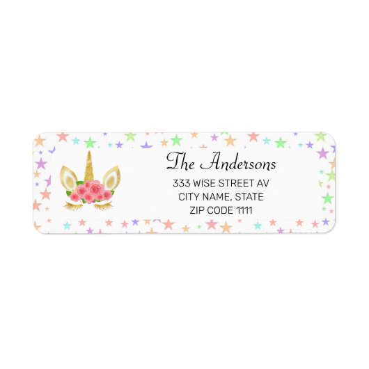 Schattigee Eenhoorn en Kleurrijke Sterren op Wit Etiket (Voorkant)