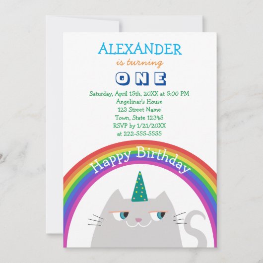 Schattigee eenhoorn en regenboog 1e verjaardag kaart (Voorkant)