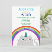 Schattigee eenhoorn en regenboog 1e verjaardag kaart (Staand voorkant)