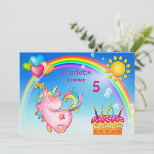 Schattigee eenhoorn en regenboog verjaardagsfeest kaart (Staand voorkant)