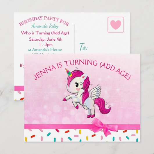 Schattigee Eenhoorn en Roze Snoep Sprinkles Verjaa Briefkaart (Voorkant / Achterkant)