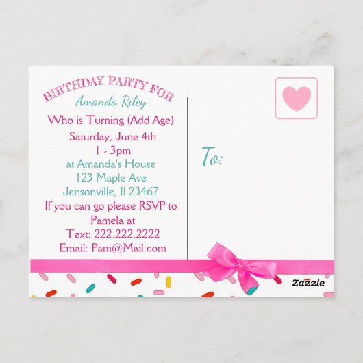 Schattigee Eenhoorn en Roze Snoep Sprinkles Verjaa Briefkaart (Achterkant)