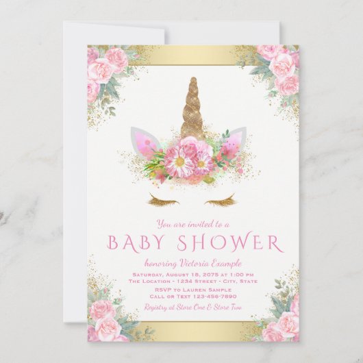 Schattigee Eenhoorn Gezicht Roze Goud Baby shower  Kaart (Voorkant)