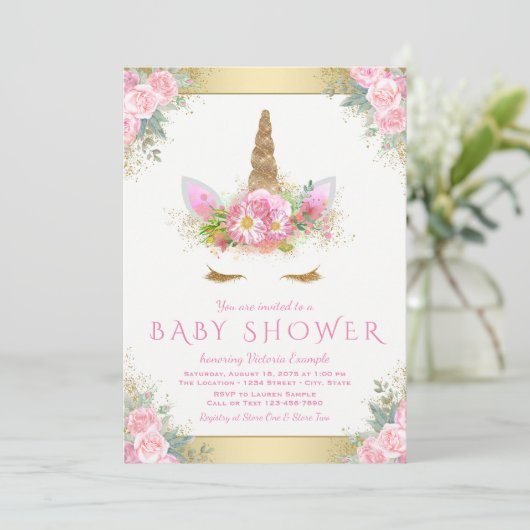 Schattigee Eenhoorn Gezicht Roze Goud Baby shower  Kaart (Staand voorkant)