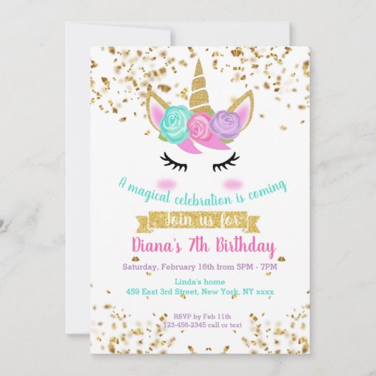 Schattigee eenhoorn gouden glitter meisje magische kaart (Voorkant)