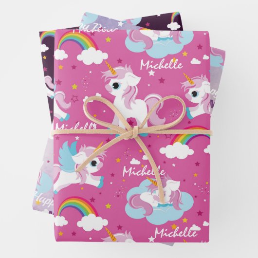 Schattigee eenhoorn Happy Birthday roze girly Inpakpapier Vel (In situ)