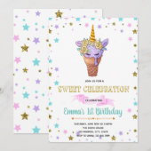 Schattigee eenhoorn ijsfeest verjaardagsuitnodigin kaart (Voorkant / Achterkant)