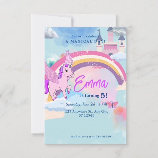 Schattigee Eenhoorn kasteel Verjaardagsuitnodiging Kaart (Voorkant)