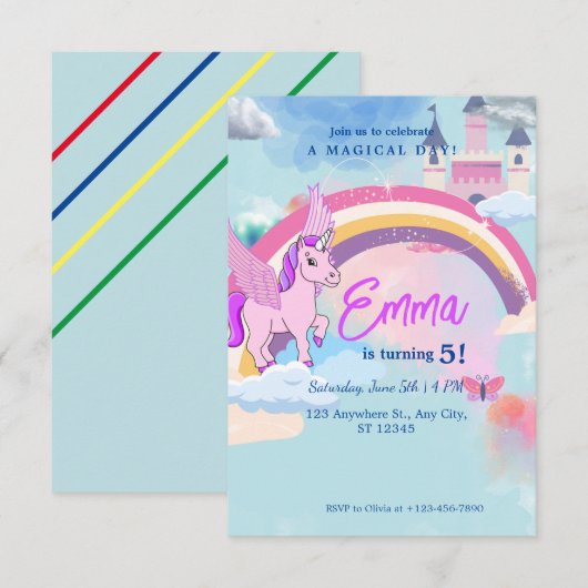 Schattigee Eenhoorn kasteel Verjaardagsuitnodiging Kaart (Voorkant / Achterkant)