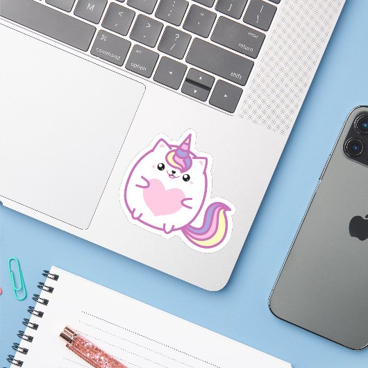 Schattigee Eenhoorn Kat hart Sticker (Laptop met iPhone)