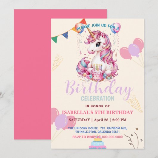 Schattigee Eenhoorn Magische Prinses Girly Verjaar Save The Date (Voorkant / Achterkant)