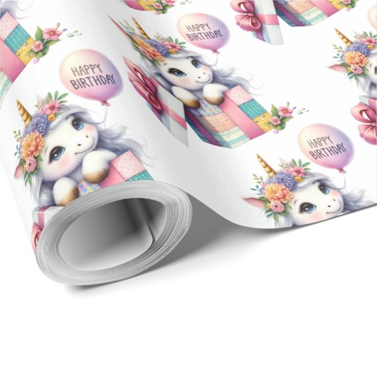 Schattigee eenhoorn met ballon cadeau doos verjaar cadeaupapier (Rol Hoek)