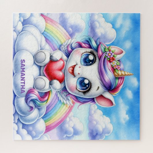 Schattigee eenhoorn met hart op een wolk en regenb legpuzzel (Horizontaal)