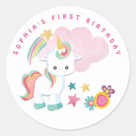 Schattigee Eenhoorn Naam Eerste Verjaardagsfeestje Ronde Sticker