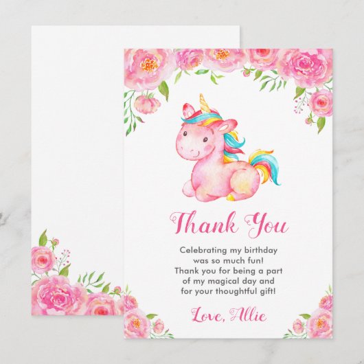Schattigee eenhoorn regenboog bloemig meisje verja bedankkaart (Voorkant / Achterkant)