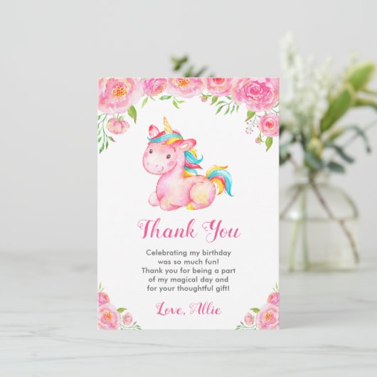Schattigee eenhoorn regenboog bloemig meisje verja bedankkaart (Staand voorkant)