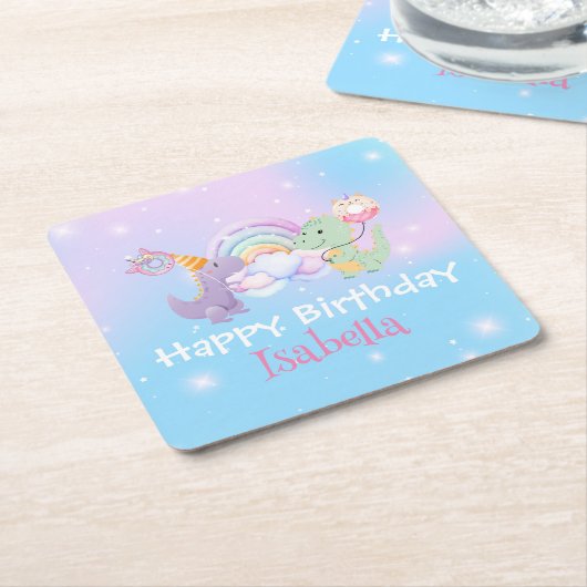 Schattigee eenhoorn regenboog Dino Donut ballon Ve Kartonnen Onderzetters (Schuin)