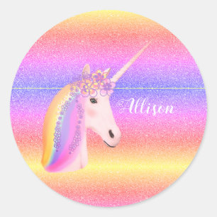 Schattigee eenhoorn regenboog glitter sparkles gep ronde sticker