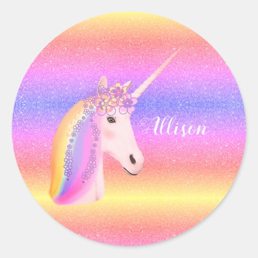 Schattigee eenhoorn regenboog glitter sparkles gep ronde sticker (Voorkant)