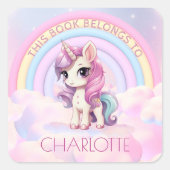 Schattigee Eenhoorn Regenboog School Bookplate Naa Vierkante Sticker (Voorkant)