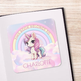 Schattigee Eenhoorn Regenboog School Bookplate Naa Vierkante Sticker