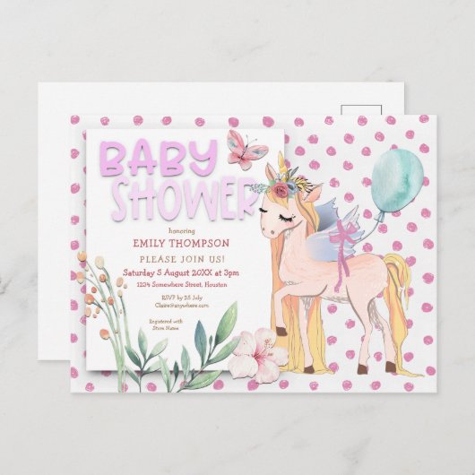 Schattigee Eenhoorn Roze Baby shower Uitnodiging Briefkaart (Voorkant / Achterkant)