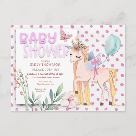 Schattigee Eenhoorn Roze Baby shower Uitnodiging Briefkaart (Voorkant)