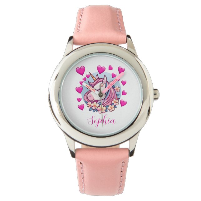 Schattigee eenhoorn, roze harten & bloemen, aangep horloge (Voorkant)