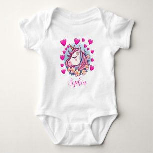Schattigee eenhoorn, roze harten & bloemen, aangep romper